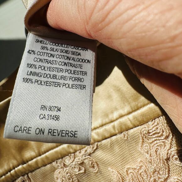 BCBGMAXAZRIA Tan Satin & Floral Lace Round Neck Mini Dress 6 - Picture 8 of 13